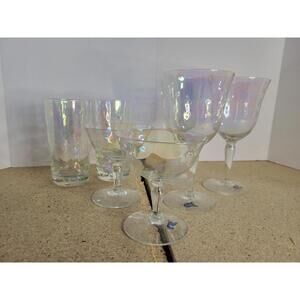 Vintage West Virginia Glass Clear Iridescent Handblown Glasses Set 7 MCM Barware